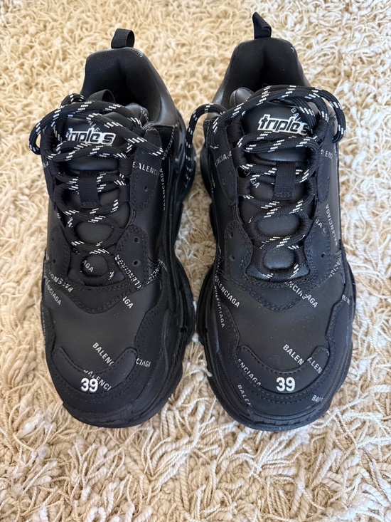 Balenciaga Shoes - BALENCIAGA Triple S All Over Logo Sneaker Shoe Black / White 39 EU / 9 US